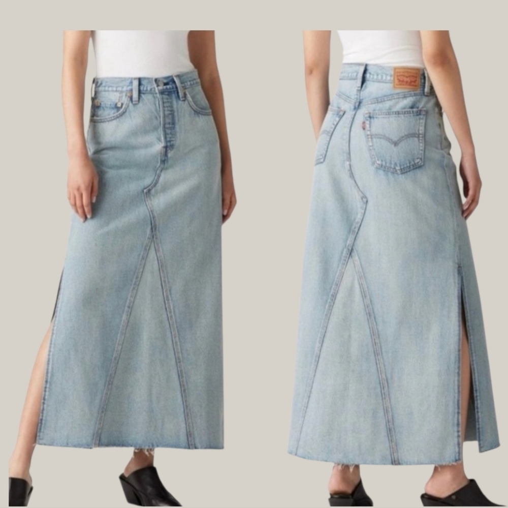 Levi's 501 Button Fly Maxi Skirt Light Wash 26 Raw Hem Side Slit